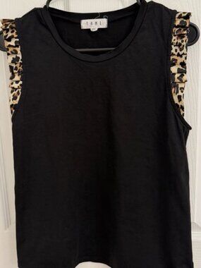 THML Black Top with Leopard Print Ruffle Sleeves Size Small
